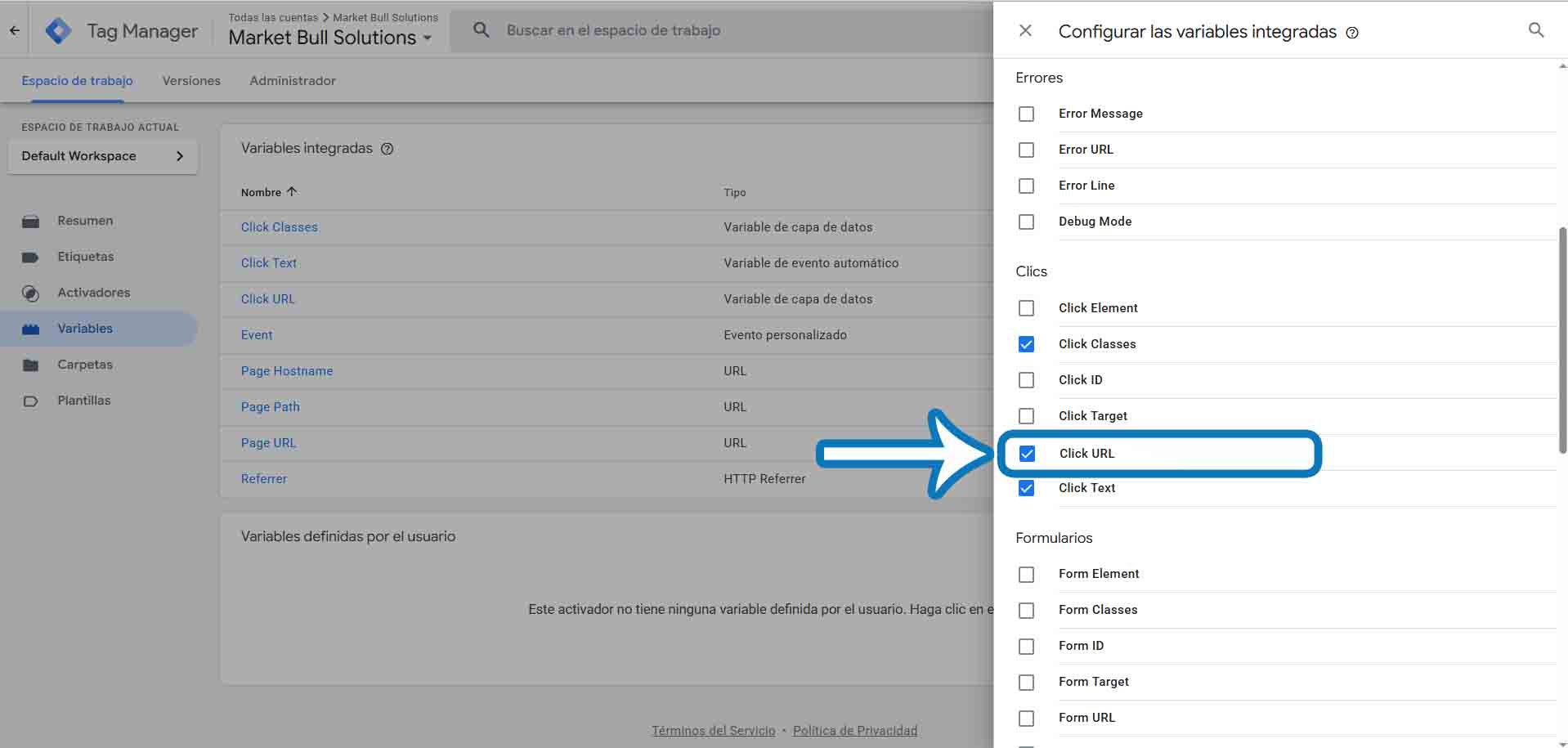 Habilitar la variable Click URL en Google Tag Manager para medir conversiones de WhatsApp.